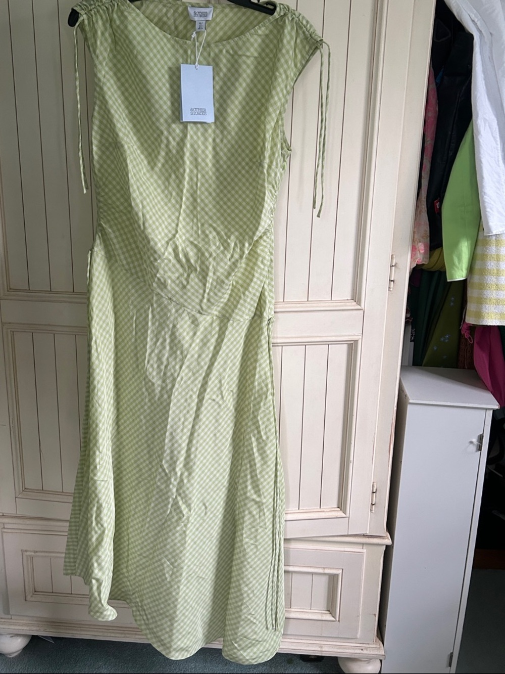 & Other Stories Light Green Gingham Midi Dress with Drawstring Shoulders
